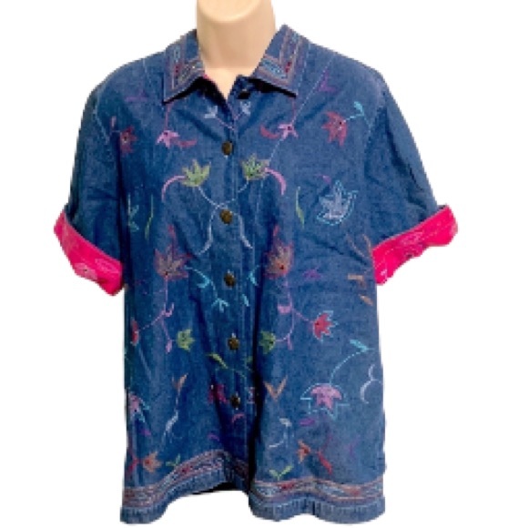 COUNTRY WEAR Vintage Denim Beaded Short Sleeve Shacket Pink Floral Large Petite - Picture 1 of 16